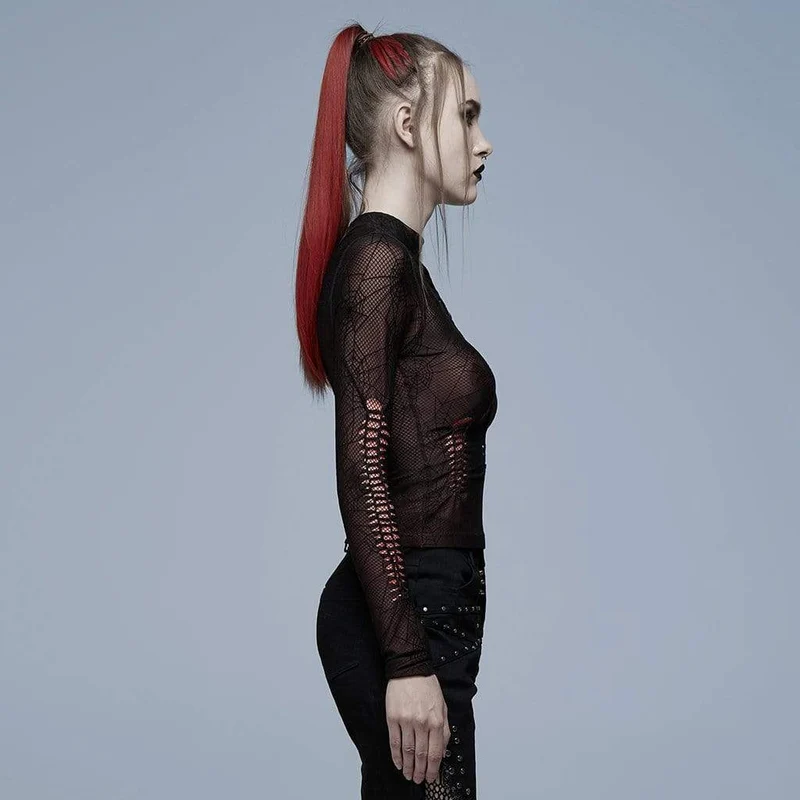 Mesh-Oberteil mit Grunge-Spinnennetz-Print für Damen