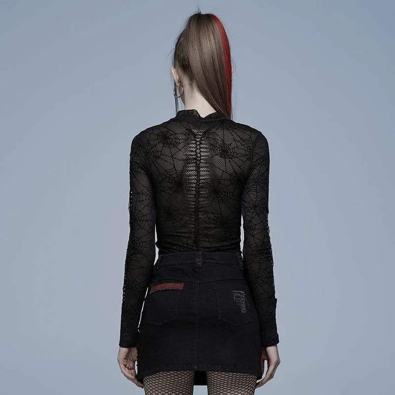 Mesh-Oberteil mit Grunge-Spinnennetz-Print für Damen
