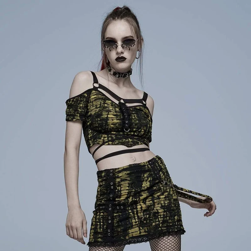 Schulterfreies, zerrissenes Crop-Top mit Grunge-Riemen für Damen