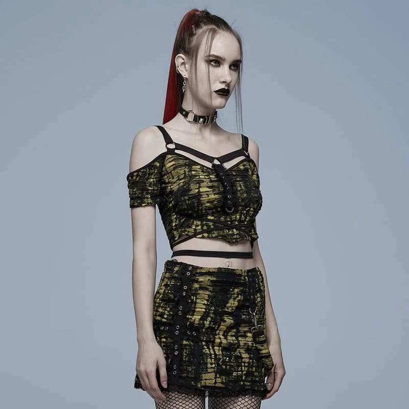 Schulterfreies, zerrissenes Crop-Top mit Grunge-Riemen für Damen