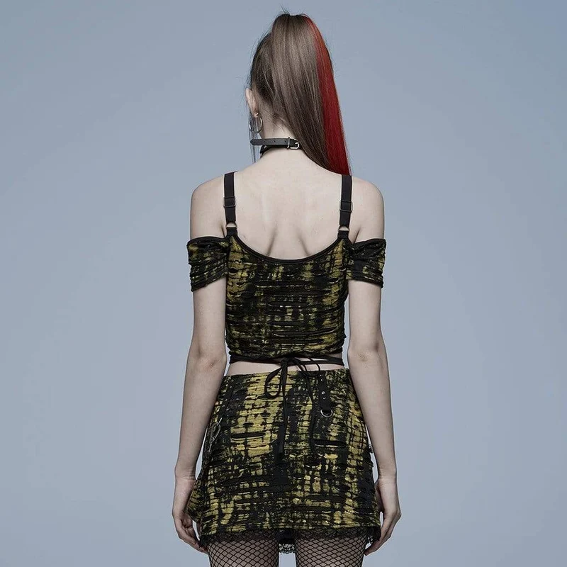 Schulterfreies, zerrissenes Crop-Top mit Grunge-Riemen für Damen