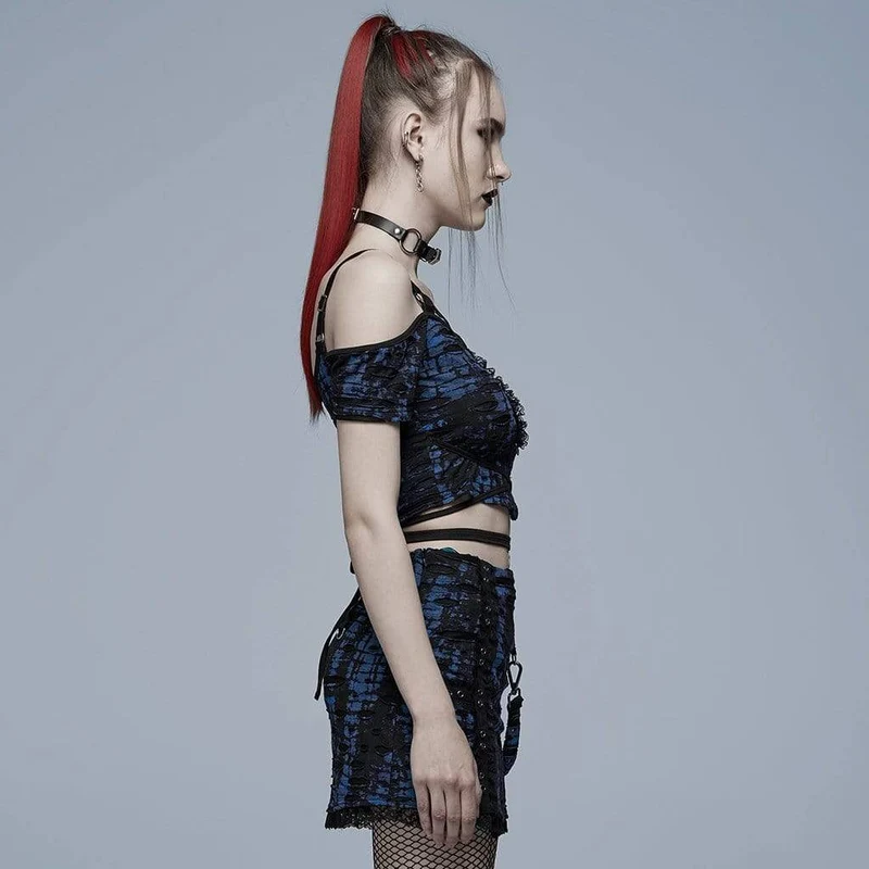 Schulterfreies, zerrissenes Crop-Top mit Grunge-Riemen für Damen