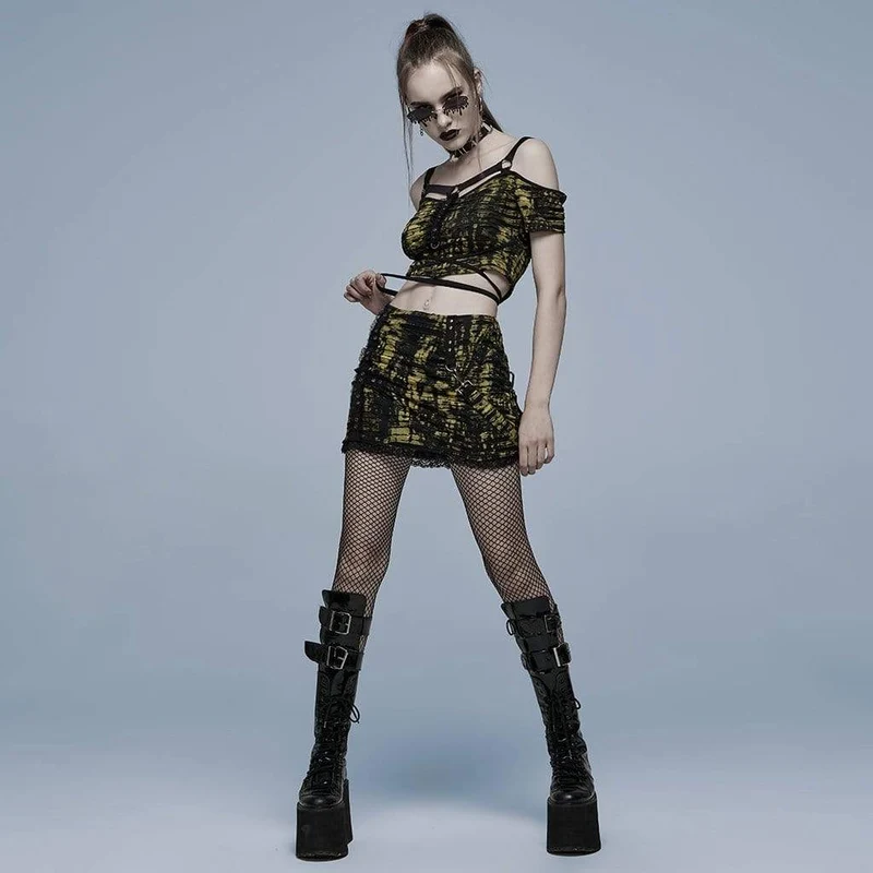 Schulterfreies, zerrissenes Crop-Top mit Grunge-Riemen für Damen
