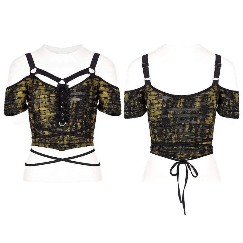 Schulterfreies, zerrissenes Crop-Top mit Grunge-Riemen für Damen