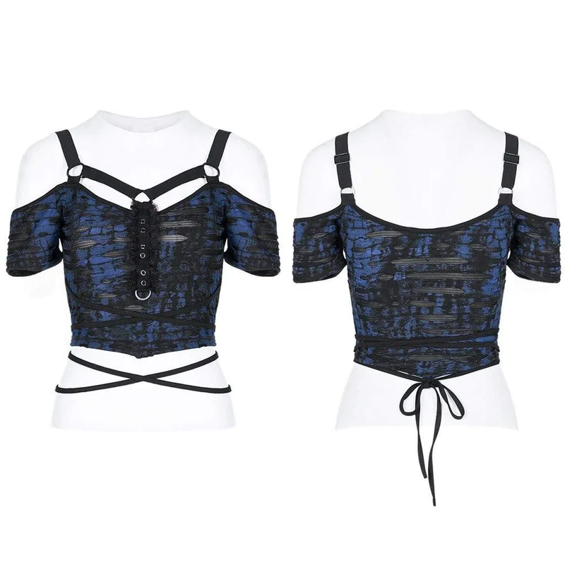 Schulterfreies, zerrissenes Crop-Top mit Grunge-Riemen für Damen