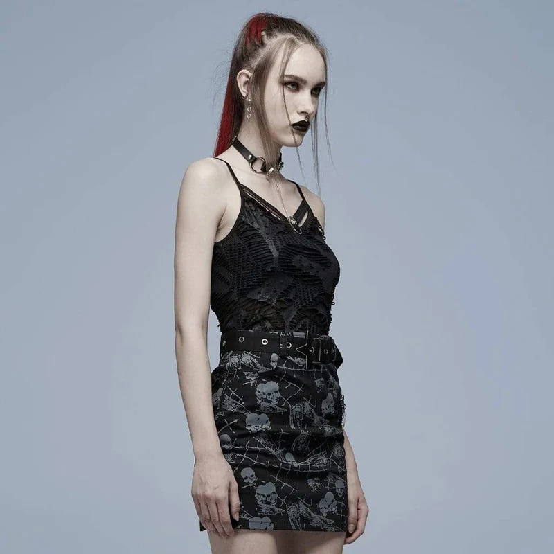 Damen Tanktop mit Grunge Cutout Totenkopf zerrissen