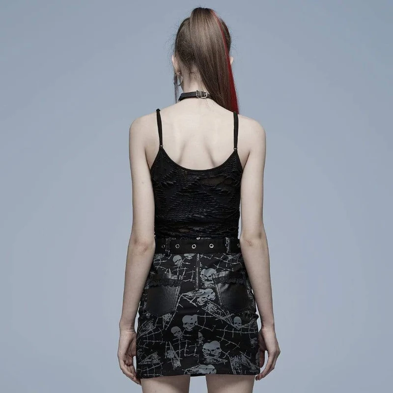 Damen Tanktop mit Grunge Cutout Totenkopf zerrissen