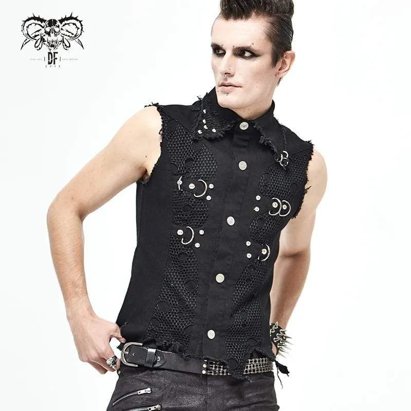 Herren Gothic Punk Ripped Turndown Kragen Schwarzes Hemd mit unregelmäßigem Saum