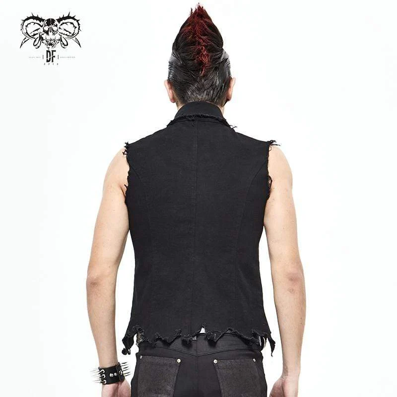 Herren Gothic Punk Ripped Turndown Kragen Schwarzes Hemd mit unregelmäßigem Saum