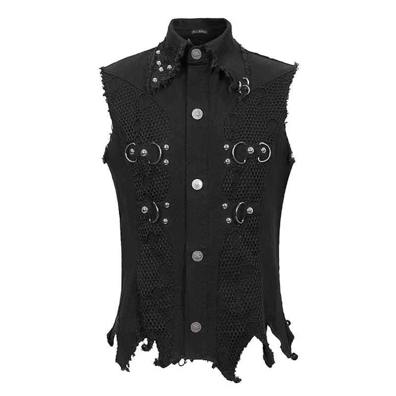 Herren Gothic Punk Ripped Turndown Kragen Schwarzes Hemd mit unregelmäßigem Saum