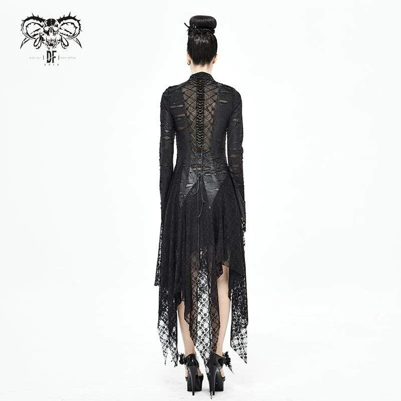 Damen Gothic Riemchen Ripped Splice Schwarzes Kleid