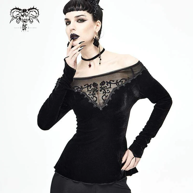 Gothic Off Shoulder Damen Top mit Blumenstickerei in Schwarz