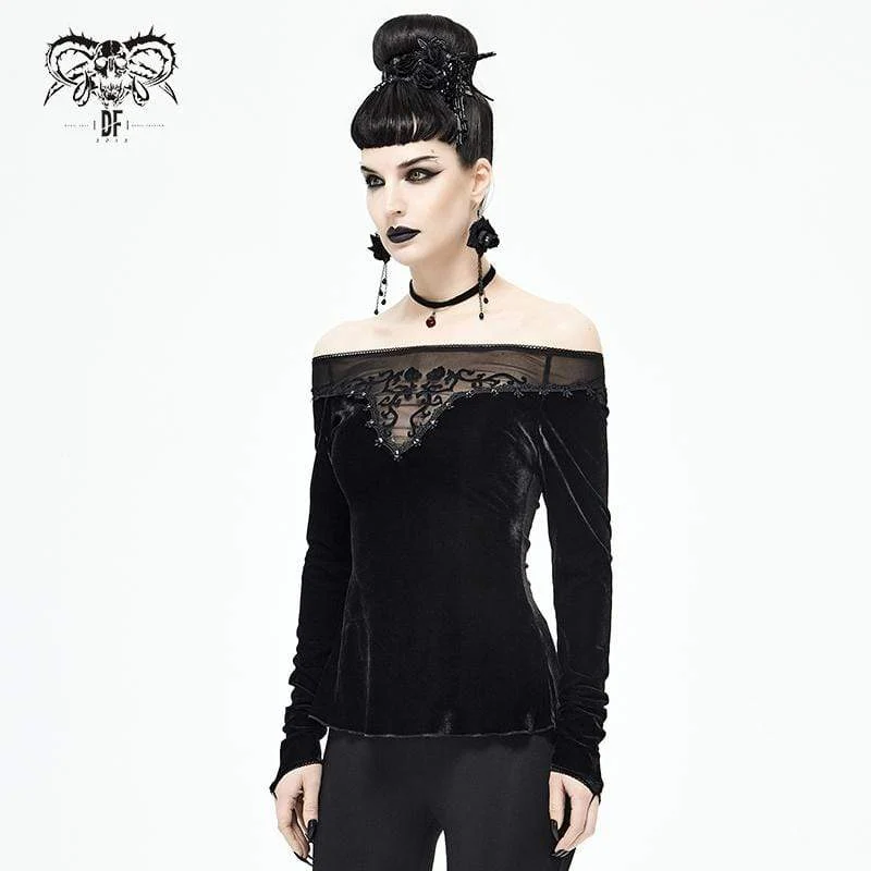 Gothic Off Shoulder Damen Top mit Blumenstickerei in Schwarz