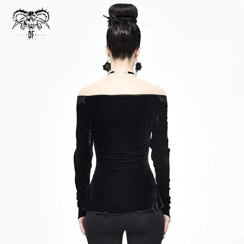 Gothic Off Shoulder Damen Top mit Blumenstickerei in Schwarz