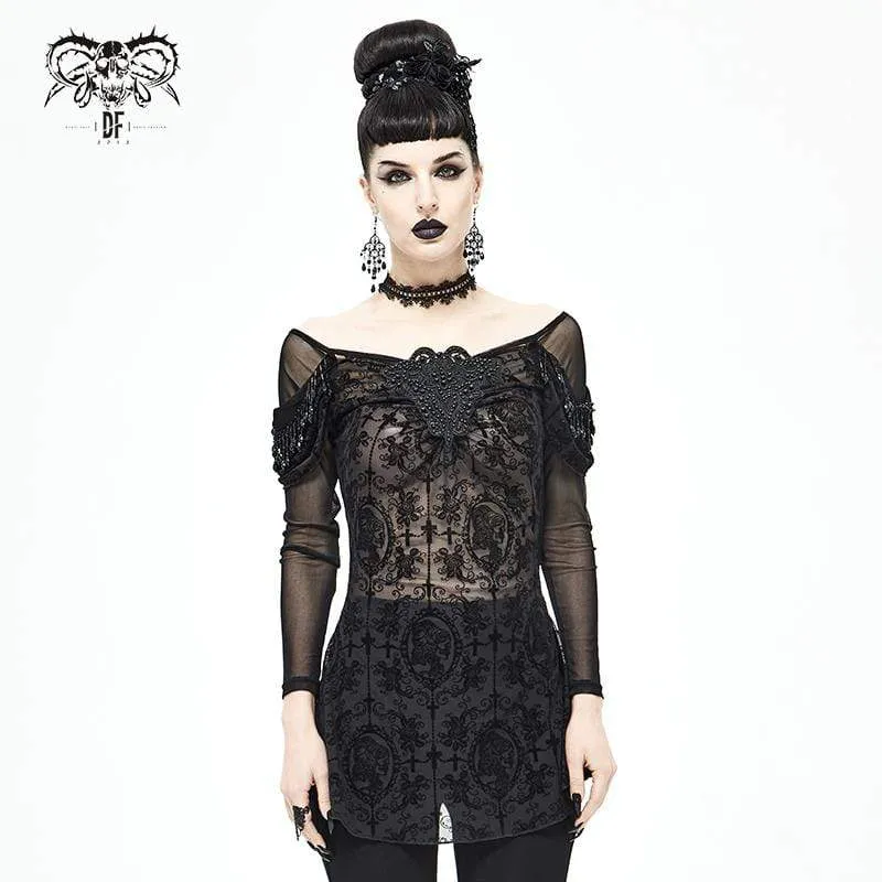 Gothic-Blumenstickerei für Damen durchsichtiges schwarzes Mesh-Oberteil