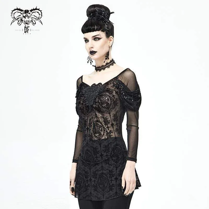 Gothic-Blumenstickerei für Damen durchsichtiges schwarzes Mesh-Oberteil