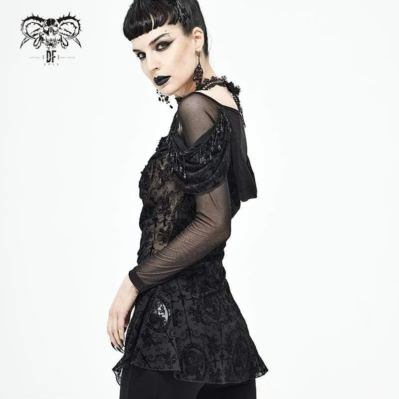 Gothic-Blumenstickerei für Damen durchsichtiges schwarzes Mesh-Oberteil