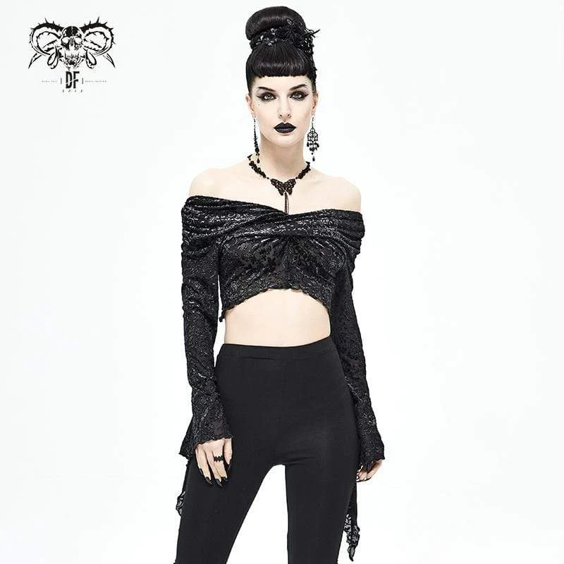 Schwarzes, schulterfreies Gothic-Crop-Top mit ausgestellten Ärmeln für Damen