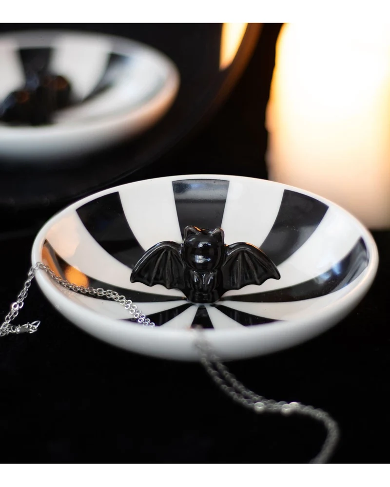 Gestreifter, runder Schmuckteller mit Fledermaus 11cm Ø