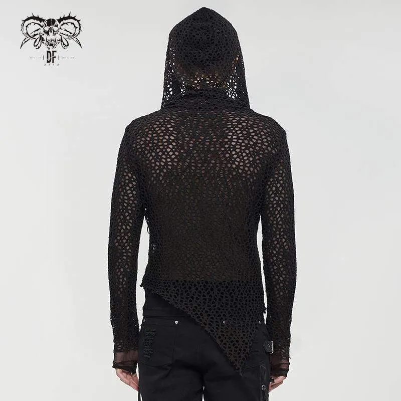 Herren Gothic Strappy Irregular Mesh Shirt mit Kapuze