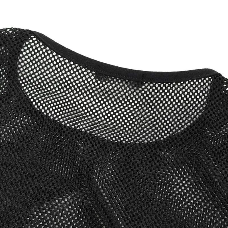 Herren Gothic Punk Mesh Kunstleder Tanktops Schwarz