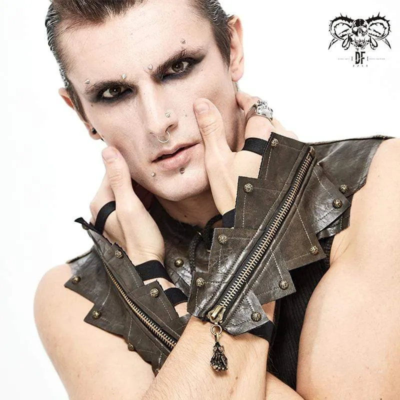 Herren Gothic Rivets Elastische Bandage Braune Handschuhe mit Totenkopf-Reißverschluss