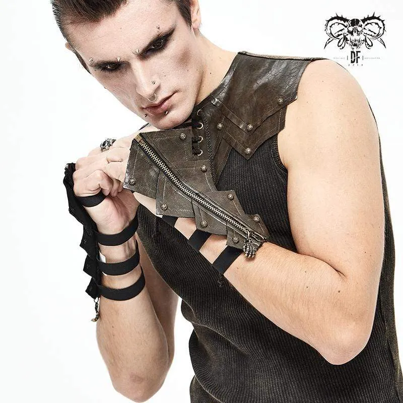 Herren Gothic Rivets Elastische Bandage Braune Handschuhe mit Totenkopf-Reißverschluss