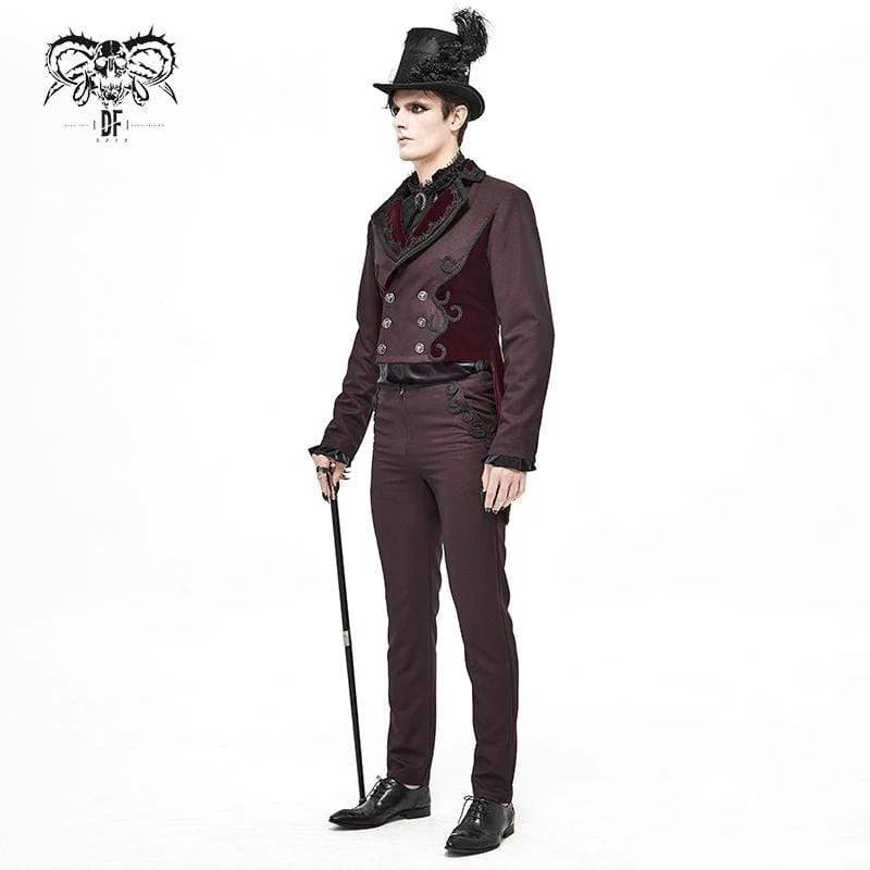 Herren Gothic Zweireiher Jacquard Schwalbenschwanz Anzug Mantel Dunkelrot