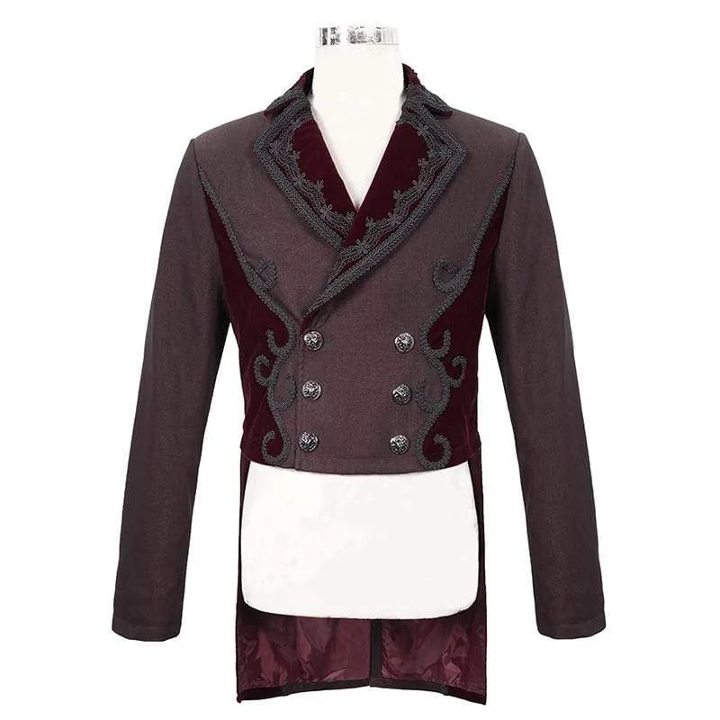 Herren Gothic Zweireiher Jacquard Schwalbenschwanz Anzug Mantel Dunkelrot