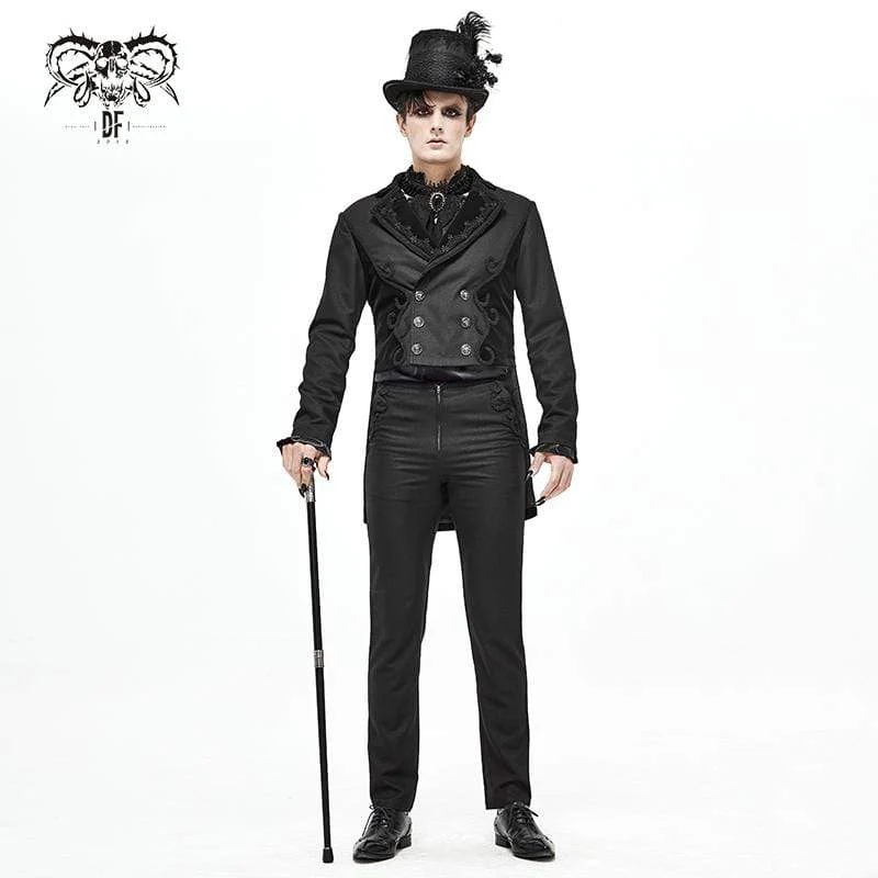 Herren Gothic Zweireiher Jacquard Schwalbenschwanz Anzug Mantel Schwarz