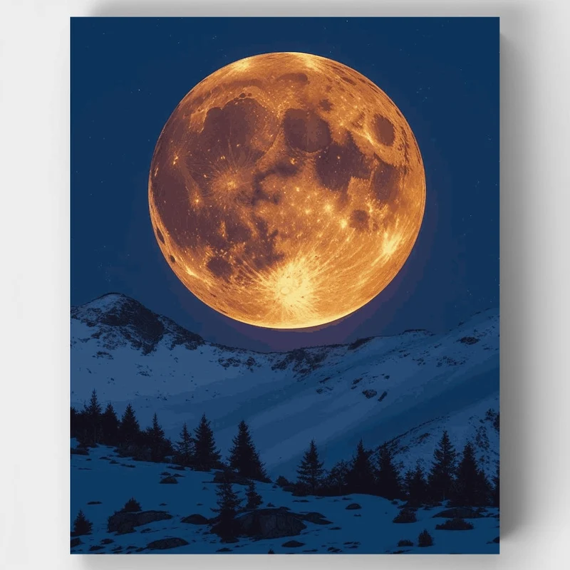 Grand Teton National Park Moon Rising Over Snowy Mountains - Paint by Numbers Kit