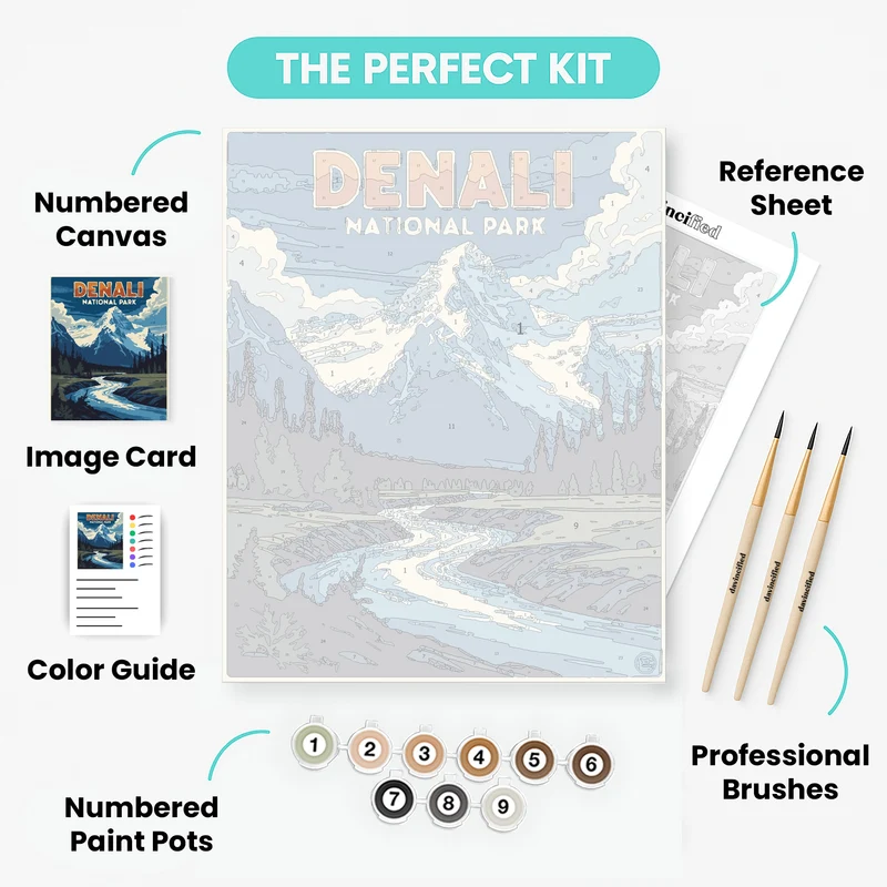 Denali National Park Winding River and Snowy Peak - Paint by Numbers Kit