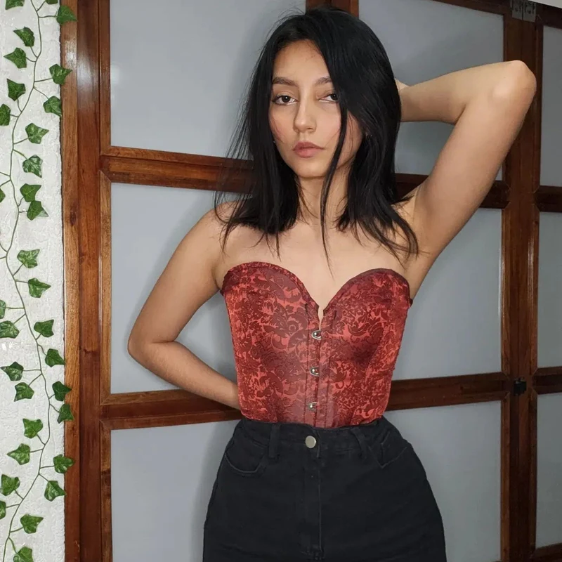 Damen Vintage Gothic Jacquard Overbust Korsetts mit Blumendruck