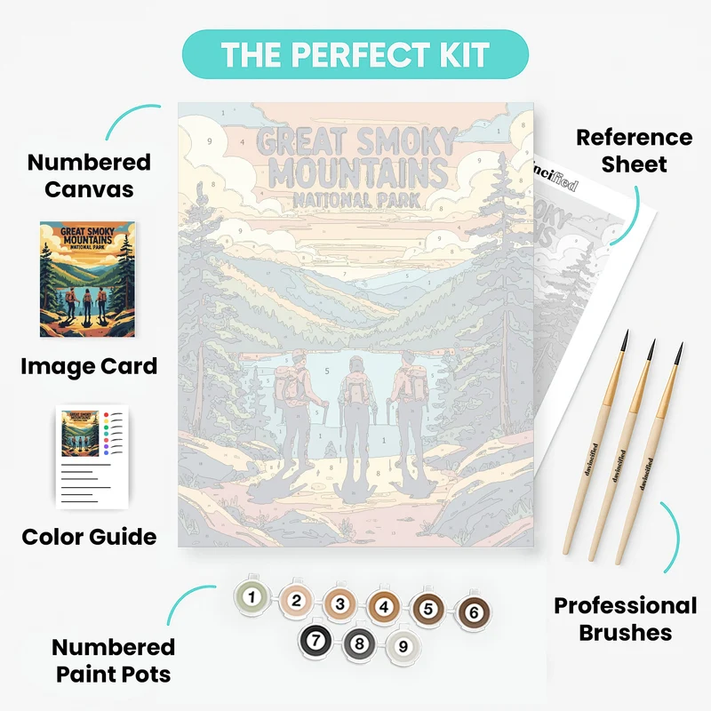 Great Smoky Mountains National Park Hikers at Alpine Lake - Paint by Numbers Kit