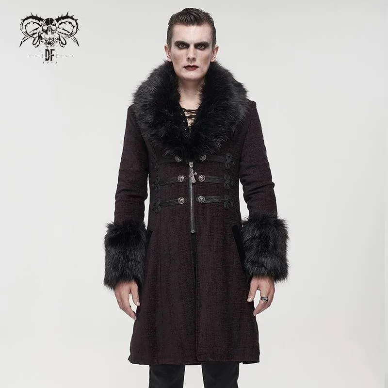 Herren Gothic Floral Zipper Roter Mantel mit abnehmbarem Kunstpelz