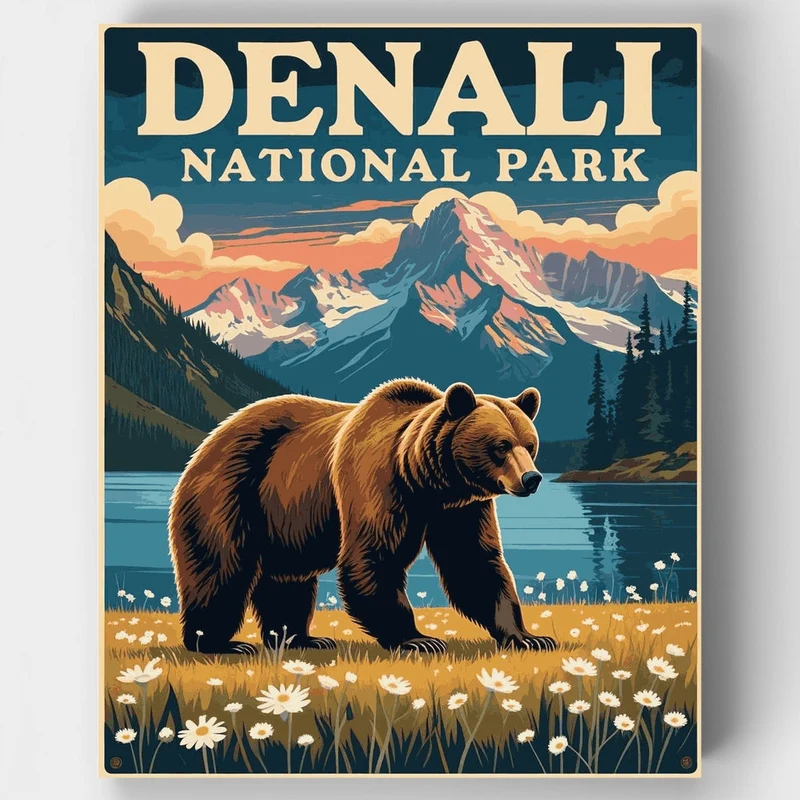 Denali National Park Grizzly Bear in Wildflower Meadow - Paint by Numbers Kit