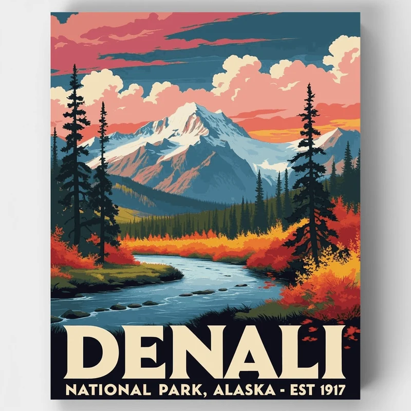 Denali National Park Autumn River Vista - Paint by Numbers Kit