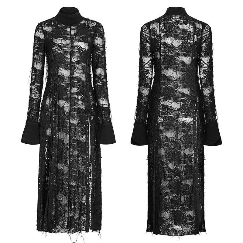 Damen Grunge Ripped Floral Langärmelige Spitzenkleider