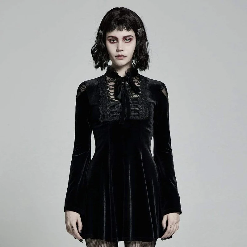 Schwarzes, viktorianisch-gotisches, kurzes Samtkleid mit ausgestellten Ärmeln und Schleife für Damen, ideal für Abschlussfeiern.