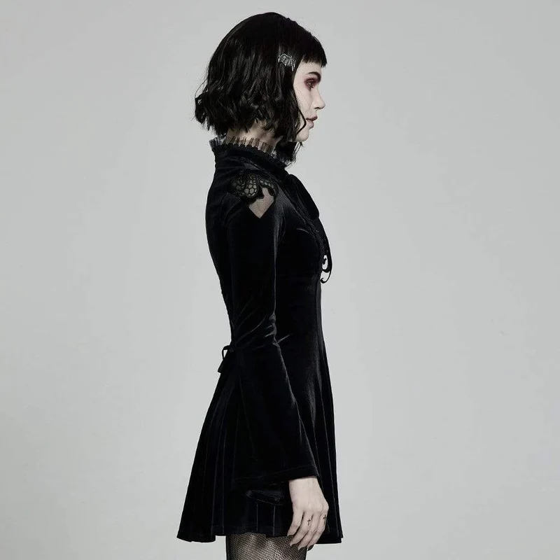 Schwarzes, viktorianisch-gotisches, kurzes Samtkleid mit ausgestellten Ärmeln und Schleife für Damen, ideal für Abschlussfeiern.