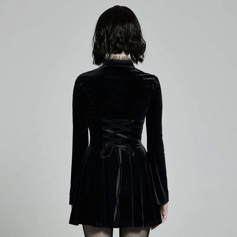 Schwarzes, viktorianisch-gotisches, kurzes Samtkleid mit ausgestellten Ärmeln und Schleife für Damen, ideal für Abschlussfeiern.