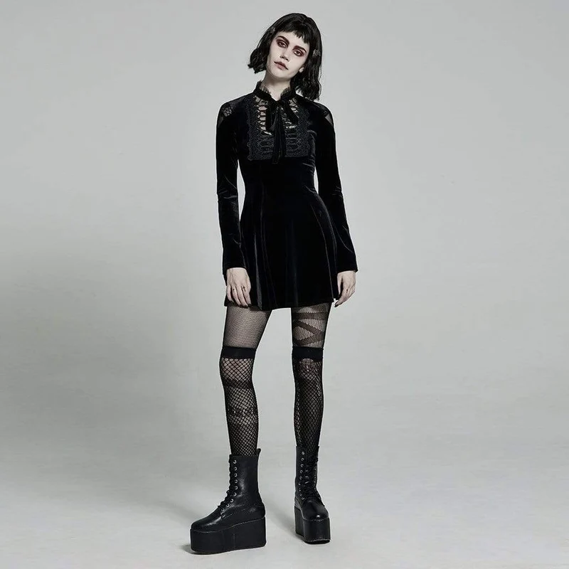 Schwarzes, viktorianisch-gotisches, kurzes Samtkleid mit ausgestellten Ärmeln und Schleife für Damen, ideal für Abschlussfeiern.