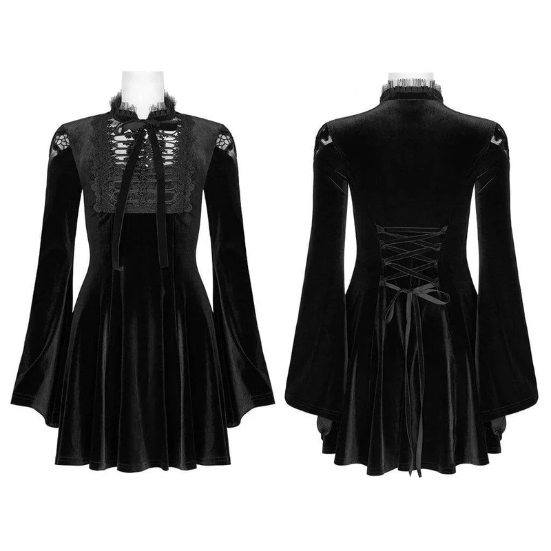 Schwarzes, viktorianisch-gotisches, kurzes Samtkleid mit ausgestellten Ärmeln und Schleife für Damen, ideal für Abschlussfeiern.
