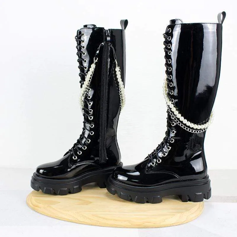 Damen Gothic Punk Oberschenkelhohe Stiefel mit Perlenkette