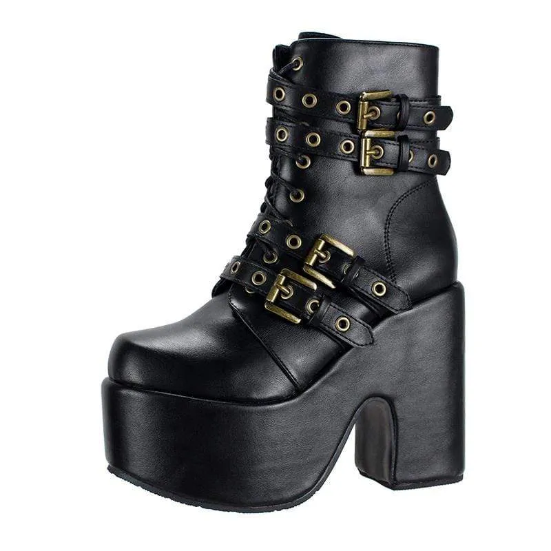Damen Gothic Punk Schnallen Schnürstiefel mit klobigem Absatz