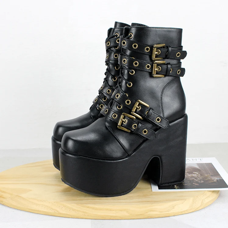 Damen Gothic Punk Schnallen Schnürstiefel mit klobigem Absatz