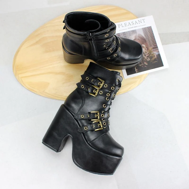 Damen Gothic Punk Schnallen Schnürstiefel mit klobigem Absatz