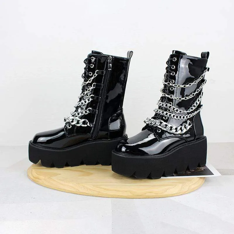 Gothic Punk Lacklederstiefel für Damen mit Kette