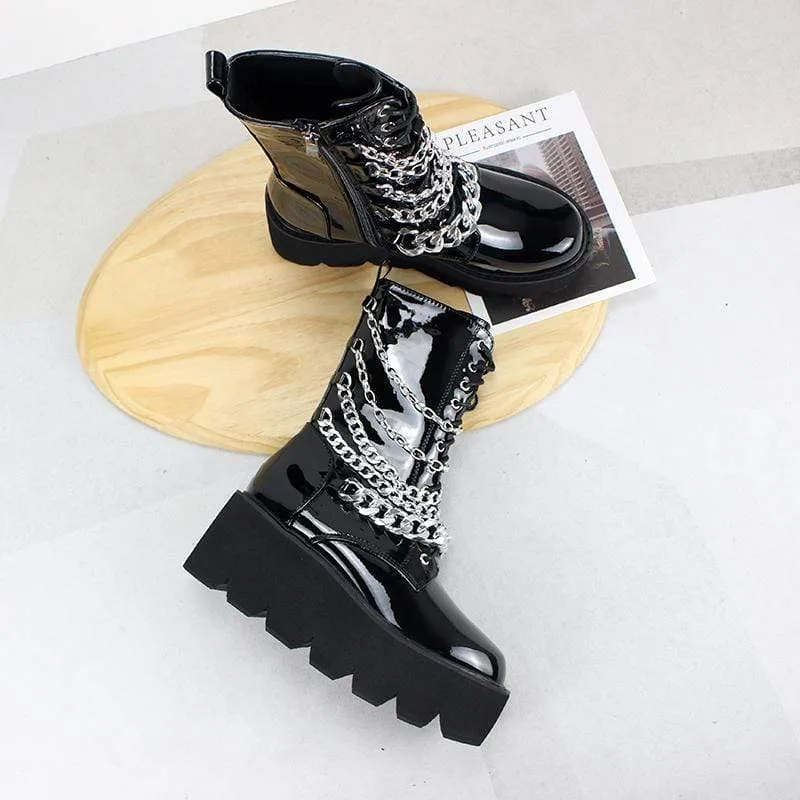 Gothic Punk Lacklederstiefel für Damen mit Kette