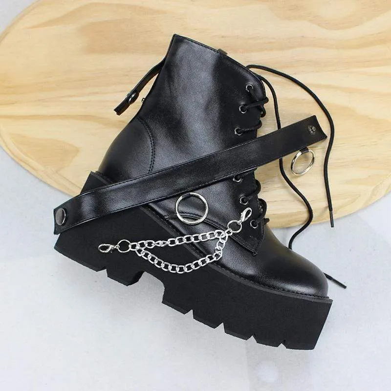 Damen Gothic Punk Plateaustiefel zum Schnüren mit Kette